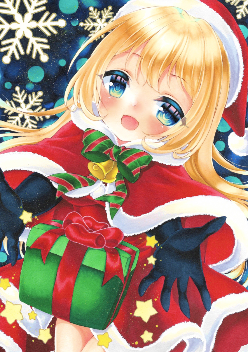 1girl :d bangs bell black_gloves blonde_hair blue_eyes blush bow box capelet christmas commentary_request diagonal_stripes dress elbow_gloves eyebrows_visible_through_hair fur-trimmed_capelet fur-trimmed_dress fur-trimmed_hat fur_trim gift gift_box gloves green_bow hat highres looking_at_viewer marker_(medium) mirai_(happy-floral) open_mouth original red_capelet red_dress red_headwear santa_costume santa_hat smile snowflakes solo star striped striped_bow traditional_media