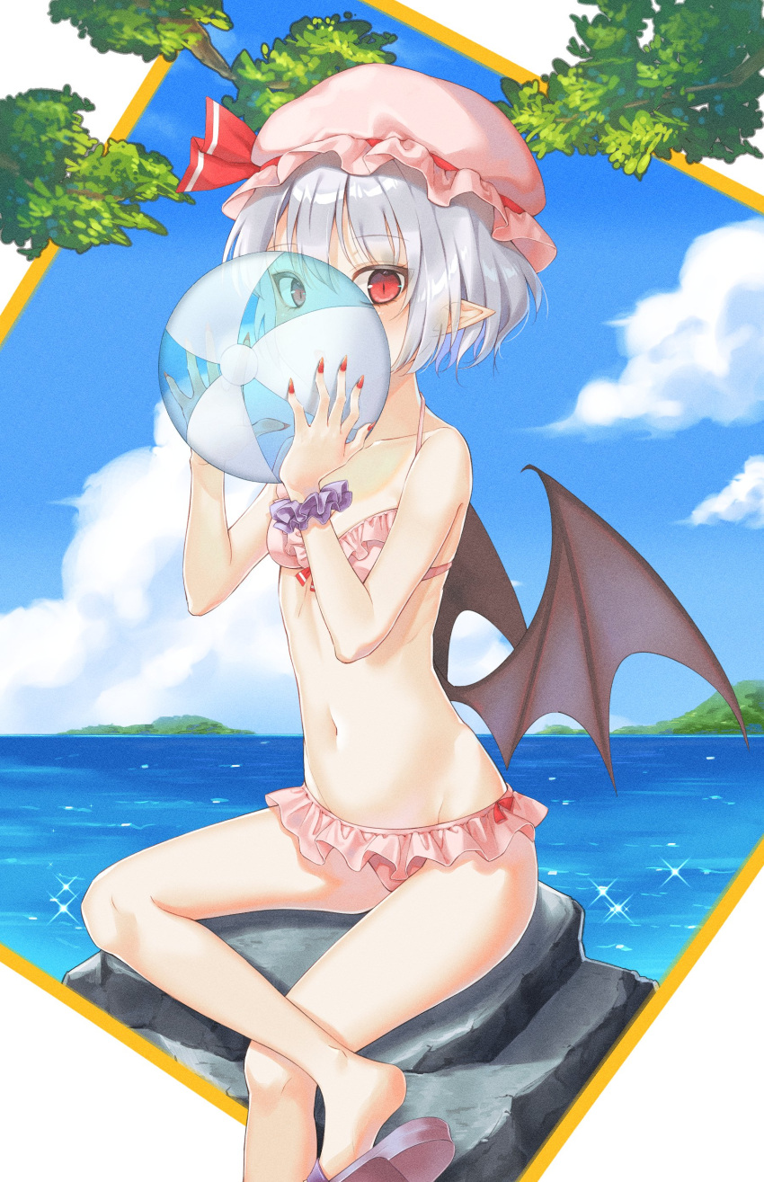1girl absurdres ball bangs bare_arms bare_legs bare_shoulders bat_wings beachball bikini blue_hair blue_sky cha_chya clouds collarbone commentary day eyebrows_visible_through_hair feet_out_of_frame frilled_bikini frills groin hair_between_eyes hands_up hat hat_ribbon highres holding holding_ball looking_at_viewer mob_cap nail_polish navel outdoors pink_bikini pink_headwear pointy_ears purple_footwear purple_scrunchie red_eyes red_nails red_ribbon remilia_scarlet ribbon rock sandals scrunchie short_hair sitting sky solo sparkle stomach swimsuit thighs touhou water wings wrist_scrunchie