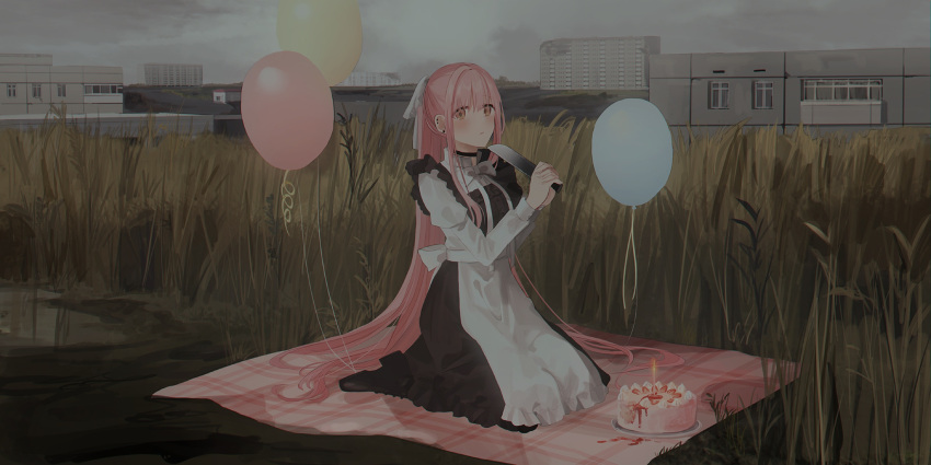 1girl apron balloon bangs birthday_cake black_dress black_footwear blush boots brown_eyes building burning cake candle chihuri closed_mouth clouds cloudy_sky commentary_request dress ear_piercing earrings eyebrows_visible_through_hair field fire food hair_between_eyes hair_ribbon highres holding holding_knife jewelry juliet_sleeves knife long_hair long_sleeves looking_at_viewer original outdoors overcast parted_lips piercing pink_hair plaid ponytail puffy_sleeves ribbon seiza shirt sitting sky sleeveless sleeveless_dress solo stud_earrings two-handed very_long_hair waitress water white_apron white_ribbon white_shirt yana_(chihuri)