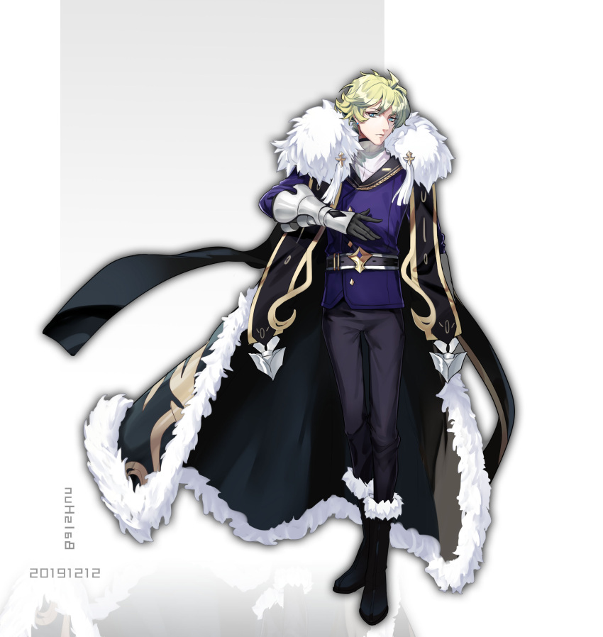 1boy absurdres black_footwear black_gloves blonde_hair blue_eyes boots dated full_body fur_trim gauntlets gloves gold_trim highres kingzhizhu male_focus original pants solo standing tassel