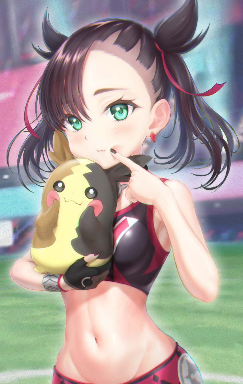 1girl absurdres asymmetrical_bangs bangs bare_arms bare_shoulders black_eyes black_gloves black_hair black_nails blurry blurry_background blush breasts commentary_request depth_of_field eyebrows finger_to_mouth gen_8_pokemon gloves greyscale hair_ribbon hands_on_own_cheeks hands_on_own_face highres huge_filesize mary_(pokemon) monochrome morpeko mugi_gome nail_polish navel partly_fingerless_gloves pokemon pokemon_(creature) pokemon_(game) pokemon_swsh red_ribbon ribbon short_hair short_twintails single_glove small_breasts sports_bra stadium stomach sweatband twintails upper_body
