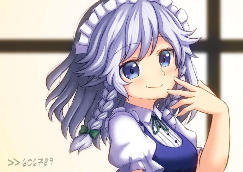 1girl bangs blue_eyes blush bow braid closed_mouth drawfag eyebrows_visible_through_hair frills green_bow hair_bow hair_ornament izayoi_sakuya looking_at_viewer maid maid_headdress puffy_short_sleeves puffy_sleeves short_hair short_sleeves silver_hair simple_background smile solo touhou twin_braids