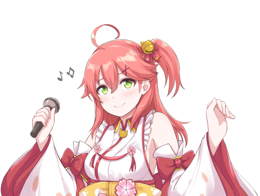 1girl ahoge bangs bare_shoulders bell blush breasts cherry_blossom_print cherry_blossoms closed_mouth collar disco_brando frills green_eyes hair_bell hair_between_eyes hair_ornament hairclip holding holding_microphone hololive long_hair looking_at_viewer medium_breasts microphone musical_note nontraditional_miko one_side_up paw_print_pattern pink_hair red_collar sakura_miko sideboob smile solo upper_body virtual_youtuber white_background