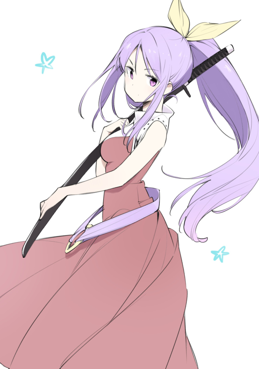 1girl absurdres bare_shoulders belt bow dress hair_bow highres katana kt_kkz long_hair looking_at_viewer looking_to_the_side pink_eyes ponytail purple_hair red_skirt simple_background skirt sleeveless solo star sword touhou watatsuki_no_yorihime weapon white_background yellow_bow