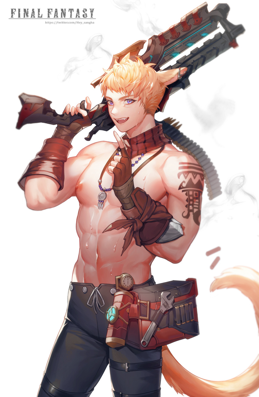 1boy abs absurdres ammunition animal_ears arm_tattoo bare_shoulders bead_necklace beads blonde_hair blue_eyes bullet cat_ears cat_tail chest copyright_name detached_collar fangs final_fantasy final_fantasy_xiv fingerless_gloves gloves gun hajun_(hey_sangha) hands_up highres holding holding_gun holding_weapon index_finger_raised jewelry looking_at_viewer machinist_(final_fantasy) male_focus miqo'te navel necklace nipples pants rifle shell_casing shirtless short_hair smile smoke solo stomach sweat tail tattoo toned watermark weapon web_address