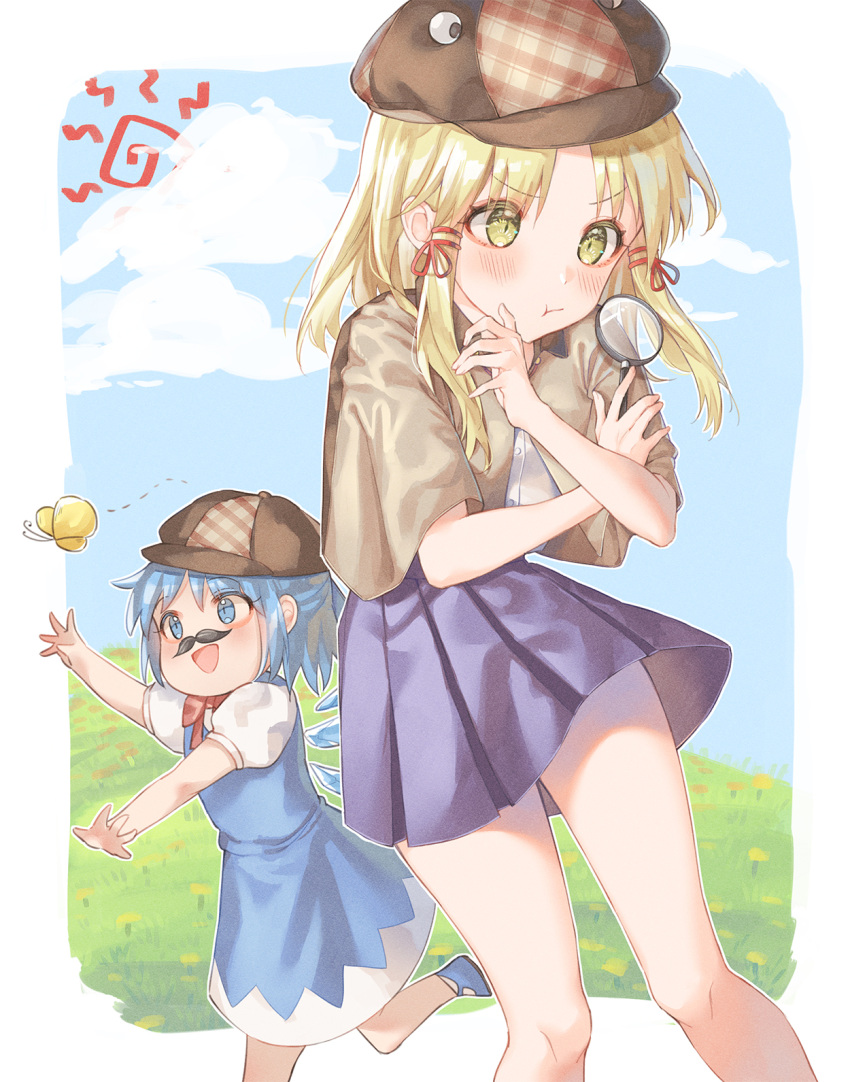 2girls :d :t alternate_headwear bangs blonde_hair blue_dress blue_eyes blue_footwear blue_hair blue_sky blush border bow bowtie brown_capelet brown_headwear bug butterfly cabbie_hat capelet cha_chya cirno clouds commentary day dress eyebrows_visible_through_hair fake_facial_hair fake_mustache feet_out_of_frame hair_ribbon hands_up hat highres holding ice ice_wings insect long_hair magnifying_glass miniskirt moriya_suwako multiple_girls open_mouth outdoors outside_border pinafore_dress pleated_skirt puffy_short_sleeves puffy_sleeves purple_skirt red_bow red_neckwear red_ribbon ribbon running shirt shoes short_hair short_sleeves sidelocks skirt sky smile standing thighs touhou white_border white_shirt wings yellow_eyes