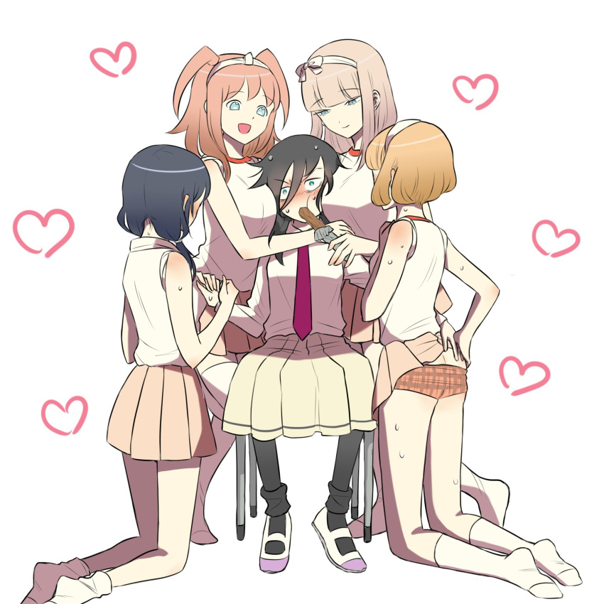 5girls between_breasts blush body_blush churro harem heart highres katou_asuka kuroki_tomoko long_hair multiple_girls necktie nemoto_hina panties pantyhose school_uniform sitting skirt skirt_lift sweat tamura_yuri uchi_emiri underwear watashi_ga_motenai_no_wa_dou_kangaetemo_omaera_ga_warui! yuri