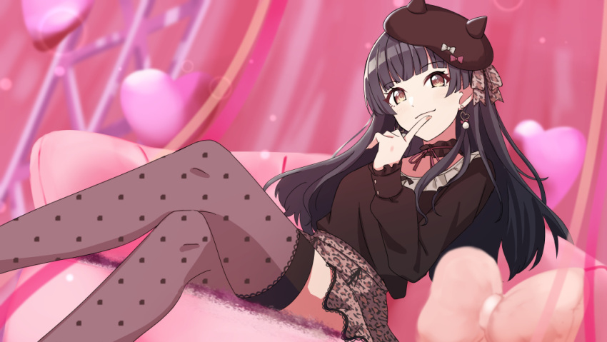 1girl black_hair idolmaster idolmaster_shiny_colors kwk long_hair long_legs mayuzumi_fuyuko pink_background sitting