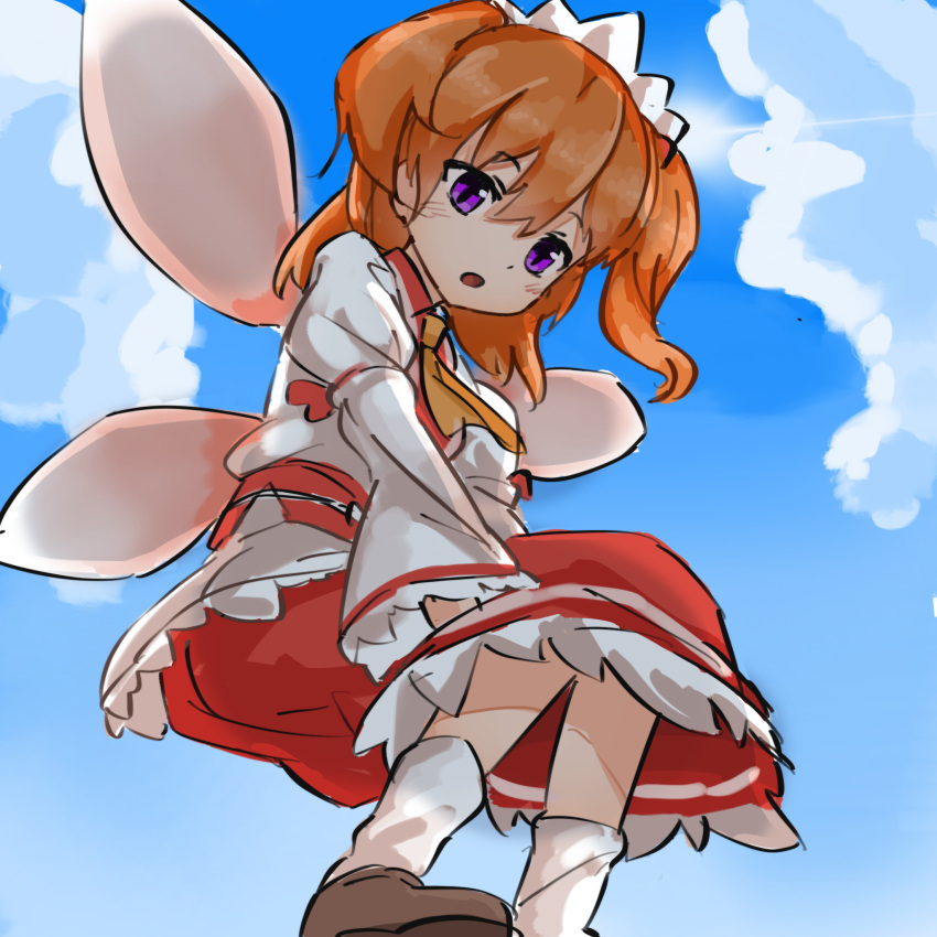 1girl :o ascot bangs blue_sky brown_footwear clouds day eyebrows_visible_through_hair fairy fairy_wings flying hair_between_eyes headdress highres juliet_sleeves long_sleeves medium_hair nob1109 obi open_mouth orange_hair orange_neckwear outdoors puffy_sleeves red_skirt sash shirt shoes skirt sky socks solo sunny_milk touhou two_side_up violet_eyes white_legwear white_shirt wings