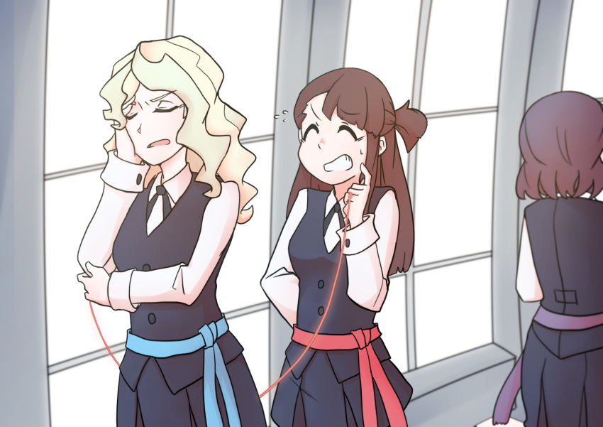 2girls 3girls annoyed blue_sash brown_hair couple diana_cavendish grin kagari_atsuko little_witch_academia luna_nova_school_uniform multicolored_hair multiple_girls red_sash red_string school_uniform smile string sunlight teeth two-tone_hair uniform usbfan wavy_hair window yuri