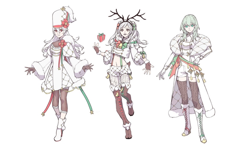 3girls alternate_costume antlers black_gloves boots box brown_eyes byleth_(fire_emblem) byleth_eisner_(female) closed_mouth clovisxvii coat corrin_(fire_emblem) corrin_(fire_emblem)_(female) fingerless_gloves fire_emblem fire_emblem:_three_houses fire_emblem_awakening fire_emblem_fates fur_trim gift gift_box gloves green_eyes green_hair hat highres long_hair long_sleeves midriff multiple_girls navel open_mouth parted_lips pointy_ears red_eyes reindeer_antlers robin_(fire_emblem) robin_(fire_emblem)_(female) short_shorts shorts simple_background smile twintails white_background white_gloves white_hair white_shorts