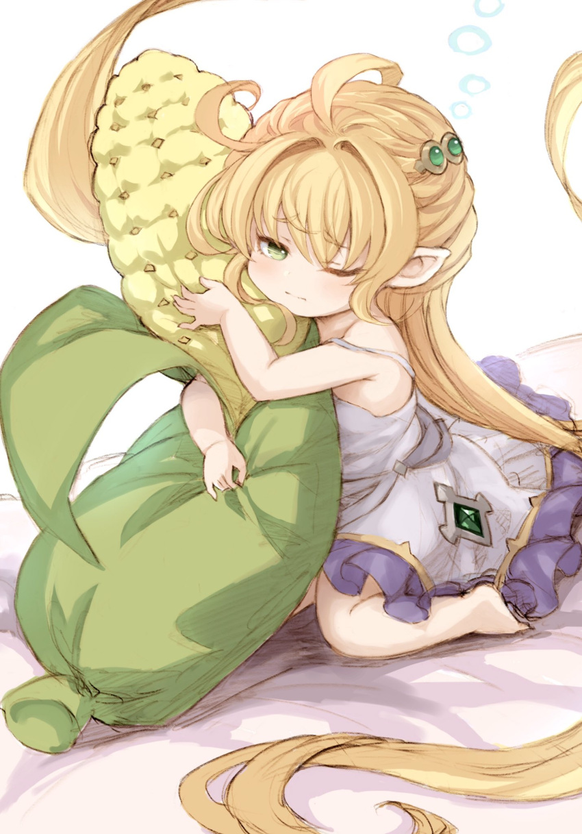 1girl ahoge bangs bare_shoulders barefoot blonde_hair check_commentary commentary_request corn dress eyebrows_visible_through_hair food_themed_pillow granblue_fantasy green_eyes hair_intakes harvin highres long_hair m-eine melissabelle on_bed one_eye_closed pillow pillow_hug pointy_ears purple_dress sitting sleeveless sleeveless_dress solo strap_slip very_long_hair waking_up wariza white_background