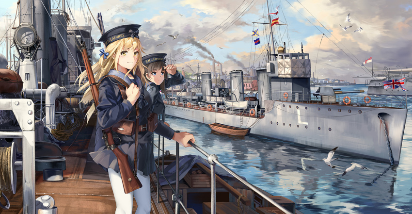 2girls belt bird blonde_hair blue_eyes bolt_action bow brown_hair chinese_commentary commentary_request destroyer gun hair_bow harness hat hat_bow hms_laforey_(1913) lee-enfield lifebuoy lighthouse military military_vehicle multiple_girls neko_(yanshoujie) on_railing pantyhose pleated_skirt pouch railing rifle rope royal_navy sailor sailor_hat seagull ship signal_flag signal_lamp skirt smile smoke smokestack union_jack warship water watercraft weapon white_ensign white_legwear winch yellow_eyes