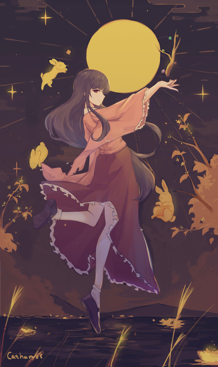 absurdres arm_up black_hair branch brown_eyes cathamos clouds diamond_(symbol) frilled_skirt frilled_sleeves frills full_body full_moon grass highres houraisan_kaguya jeweled_branch_of_hourai landscape long_hair long_skirt long_sleeves looking_at_viewer looking_to_the_side mary_janes moon night pink_shirt rabbit red_skirt reflection shirt shoes skirt touhou very_long_hair wide_sleeves