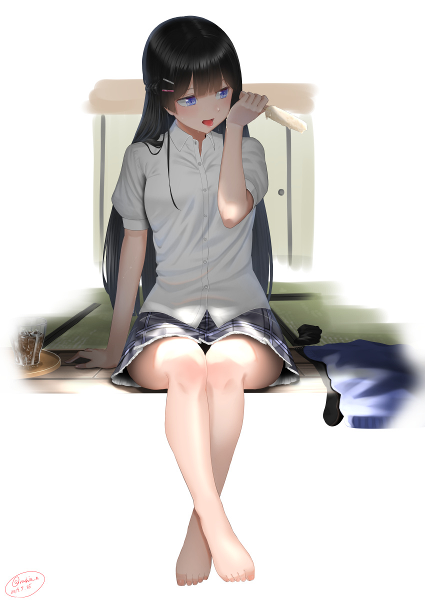 1girl :d absurdres bangs barefoot black_hair black_legwear braid cup drinking_glass food hair_ornament hairclip highres ice ice_cube legwear_removed long_hair nijisanji open_mouth popsicle puffy_sleeves rushian school_uniform sitting skirt smile solo sweat sweater_vest tattoo tongue tongue_out tray tsukino_mito vest_removed violet_eyes virtual_youtuber