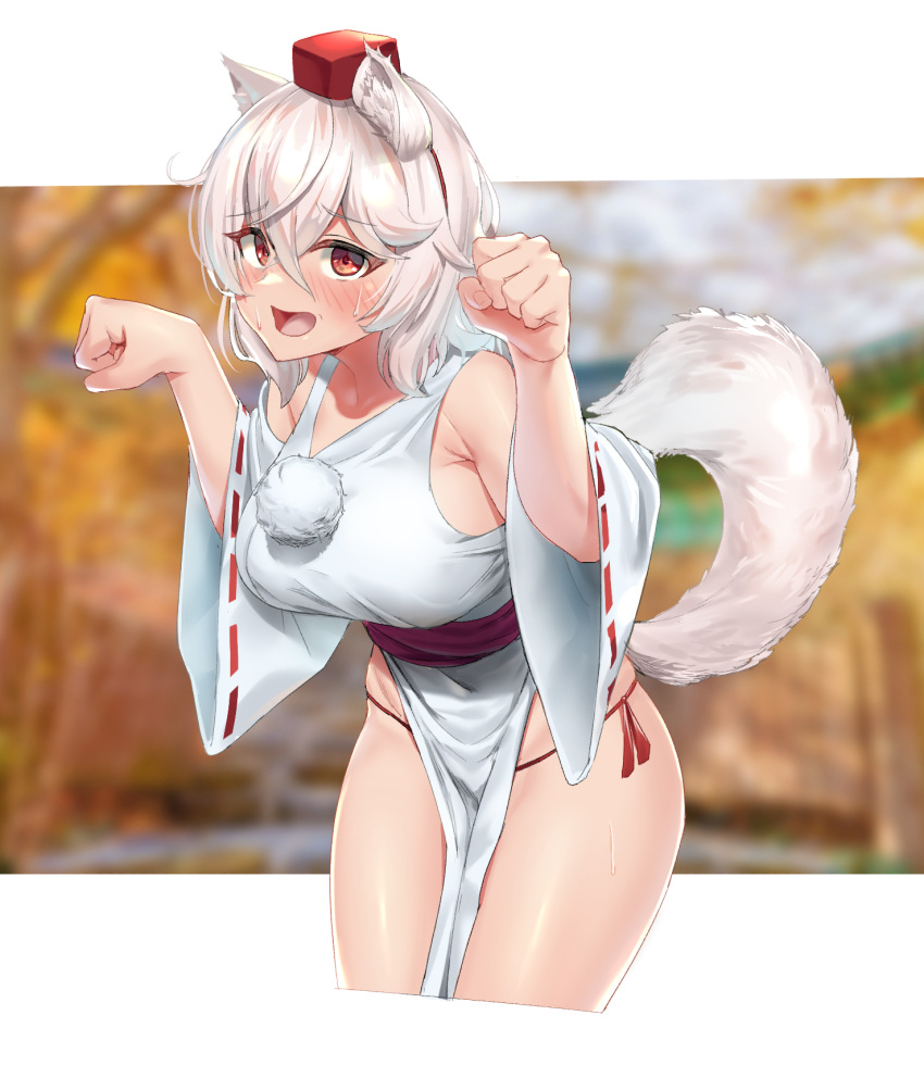 1girl animal_ears bangs bare_shoulders blush breasts detached_sleeves eyebrows_visible_through_hair hair_between_eyes hands_up hat head_tilt highres inubashiri_momiji large_breasts long_sleeves looking_at_viewer no_pants open_mouth panties paw_pose red_eyes red_panties ribbon-trimmed_sleeves ribbon_trim shirt short_hair side-tie_panties silver_hair sleeveless sleeveless_shirt smile solo tail tokin_hat touhou turtleneck uleuleuleu underwear white_shirt wide_sleeves wolf_ears wolf_tail