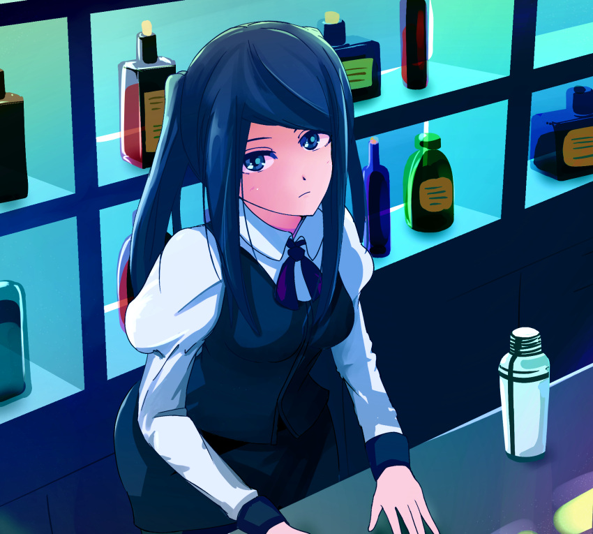 bar bartender bottle cocktail_shaker cyberpunk highres jill_stingray liquor looking_at_viewer shaker skirt twintails va-11_hall-a