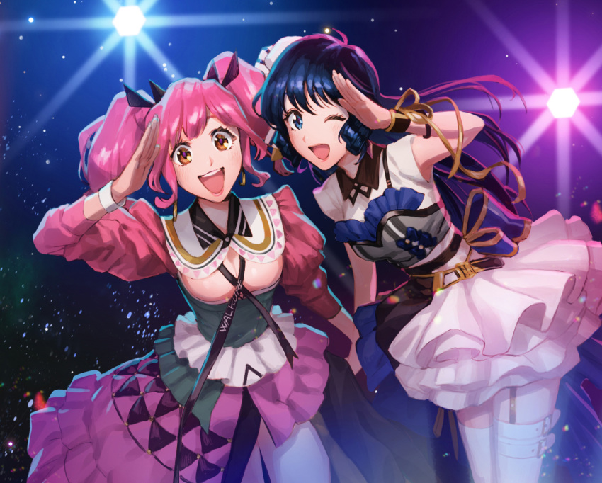 2girls ;d blue_eyes blue_hair brown_eyes floating_hair garter_straps holding_hands layered_skirt long_hair long_sleeves looking_at_viewer lynn_minmay macross macross:_do_you_remember_love? macross_delta makina_nakajima miniskirt mosako multiple_girls one_eye_closed open_mouth pink_hair ribbon salute shiny shiny_hair skirt smile thigh-highs twintails very_long_hair white_legwear white_skirt wrist_cuffs yellow_ribbon