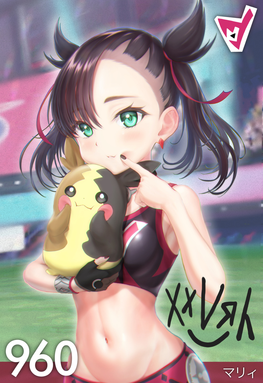 1girl absurdres asymmetrical_bangs bangs bare_arms bare_shoulders black_eyes black_gloves black_hair black_nails blurry blurry_background blush breasts character_name depth_of_field eyebrows finger_to_mouth gen_8_pokemon gloves greyscale hair_ribbon hands_on_own_cheeks hands_on_own_face highres huge_filesize mary_(pokemon) monochrome morpeko mugi_gome nail_polish navel number partly_fingerless_gloves pokemon pokemon_(creature) pokemon_(game) pokemon_swsh red_ribbon ribbon short_hair short_twintails single_glove small_breasts sports_bra stadium stomach sweatband twintails upper_body