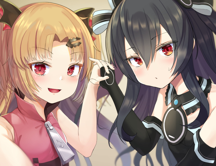 2girls :d akatsuki_yuni bangs bare_arms bare_shoulders black_dress black_gloves black_hair blonde_hair blush choujigen_game_neptune_mk2 closed_mouth commentary_request crossover dress elbow_gloves eyebrows_visible_through_hair fang fingerless_gloves gloves hair_between_eyes hair_ornament hairclip hand_up highres holding_hands interlocked_fingers long_hair multiple_girls neptune_(series) open_mouth parted_bangs red_eyes red_shirt shirt sleeveless sleeveless_dress sleeveless_shirt smile sweat templus two_side_up uni_(neptune_series) uni_channel virtual_youtuber zipper_pull_tab