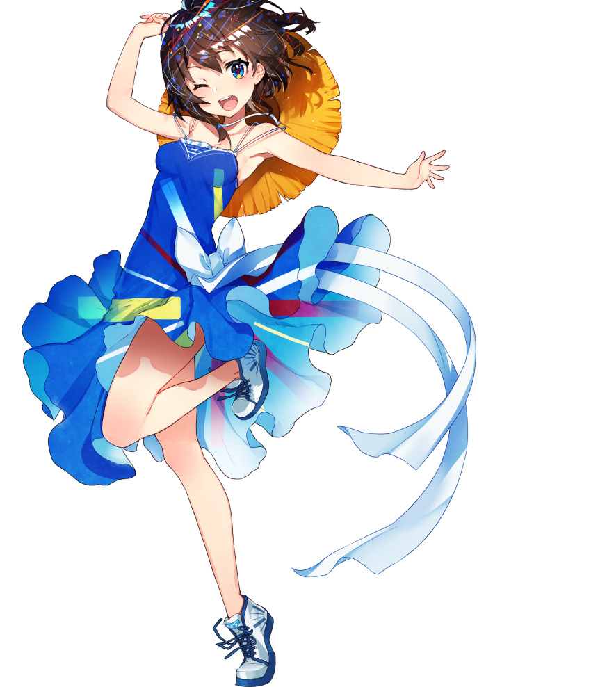 1girl absurdres bare_legs blue_dress blue_eyes bow brown_hair dress frills hat highres legs looking_at_viewer mika_pikazo multicolored_hair one_eye_closed original shoes sneakers solo straw_hat