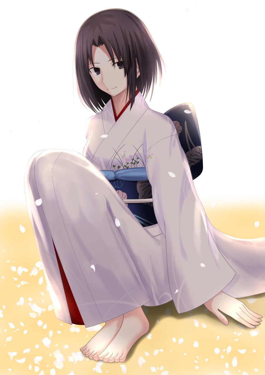 1girl absurdres barefoot brown_eyes brown_hair feet highres japanese_clothes kara_no_kyoukai kimono knees_to_chest looking_at_viewer obi petals ryougi_shiki sash short_hair sitting smile solo tsugikineko white_background wide_sleeves