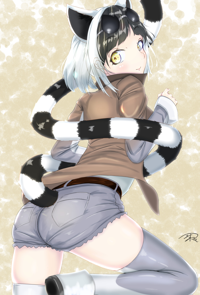 1girl absurdres animal_ears ass bangs black_hair closed_mouth collared_jacket commentary_request extra_ears eyebrows_visible_through_hair eyewear_on_head from_behind grey_shorts hand_up high_collar highres jacket kemono_friends leaning_forward lemur_ears lemur_tail long_sleeves looking_at_viewer looking_back medium_hair mine_tsukasa multicolored_hair pocket ring-tailed_lemur_(kemono_friends) shirt shoes short_shorts shorts smile solo striped striped_tail sunglasses tail tail_through_clothes thigh-highs two-tone_hair white_hair yellow_eyes