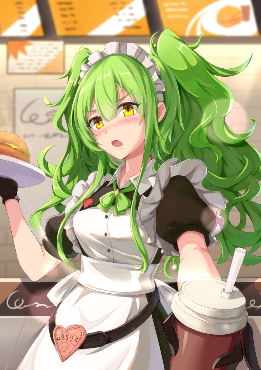 1girl absurdres alternate_costume apron blush character_name cheese chinese_commentary commentary_request cup disposable_cup drinking_straw fast_food food girls_frontline gloves green_hair hamburger highres m950a_(girls_frontline) maid maid_apron maid_headdress menu restaurant solo tray twintails waitress yellow_eyes youmi_kong_xiang