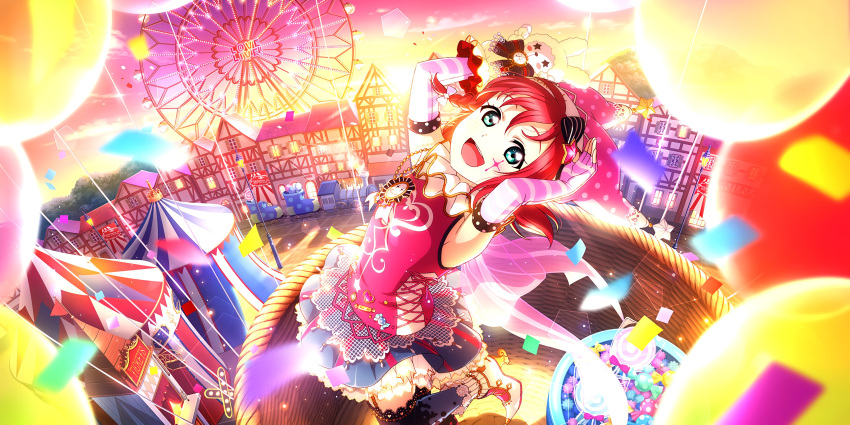 blush circus dress green_eyes jester_cap kurosawa_ruby love_live!_school_idol_festival_all_stars pink_hair short_hair smile