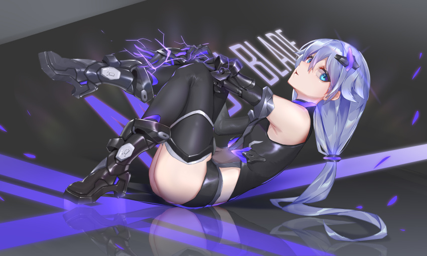 1girl absurdres armpits ass bangs bare_shoulders black_footwear black_gloves black_legwear black_leotard blue_eyes boots covered_navel elbow_gloves electricity english_text from_above fu_hua full_body gloves hair_between_eyes highres honkai_(series) honkai_impact_3rd knee_boots legs_up leotard long_hair looking_at_viewer looking_to_the_side low_ponytail lying on_back parted_lips purple_hair reflective_eyes reflective_floor smile solo thigh-highs wucanming