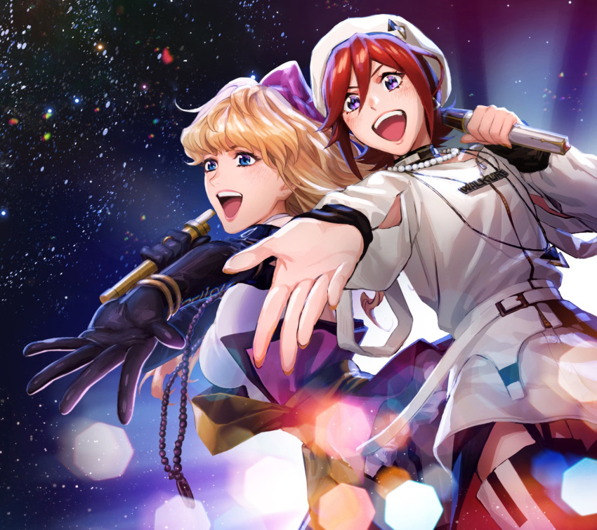 2girls :d black_gloves blonde_hair blue_eyes dress elbow_gloves garter_straps gloves hat highres holding holding_microphone kaname_buccaneer lens_flare long_hair macross macross_delta macross_frontier microphone mosako multiple_girls music open_mouth outstretched_arm outstretched_hand redhead sheryl_nome shiny shiny_hair shirt short_hair singing sky smile standing star_(sky) starry_sky thigh-highs violet_eyes white_dress white_headwear white_shirt