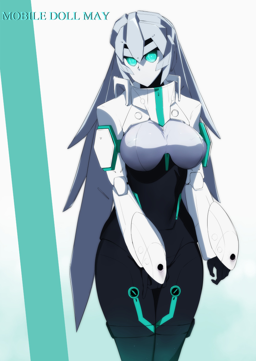 1girl absurdres android aqua_eyes breasts commentary_request gundam gundam_build_divers gundam_build_divers_re:rise highres large_breasts legs_together long_hair looking_at_viewer may_(gundam_build_divers_re:rise) no_mouth robot robot_joints shiny shiny_hair shiny_skin silver_hair solo standing tonotyama