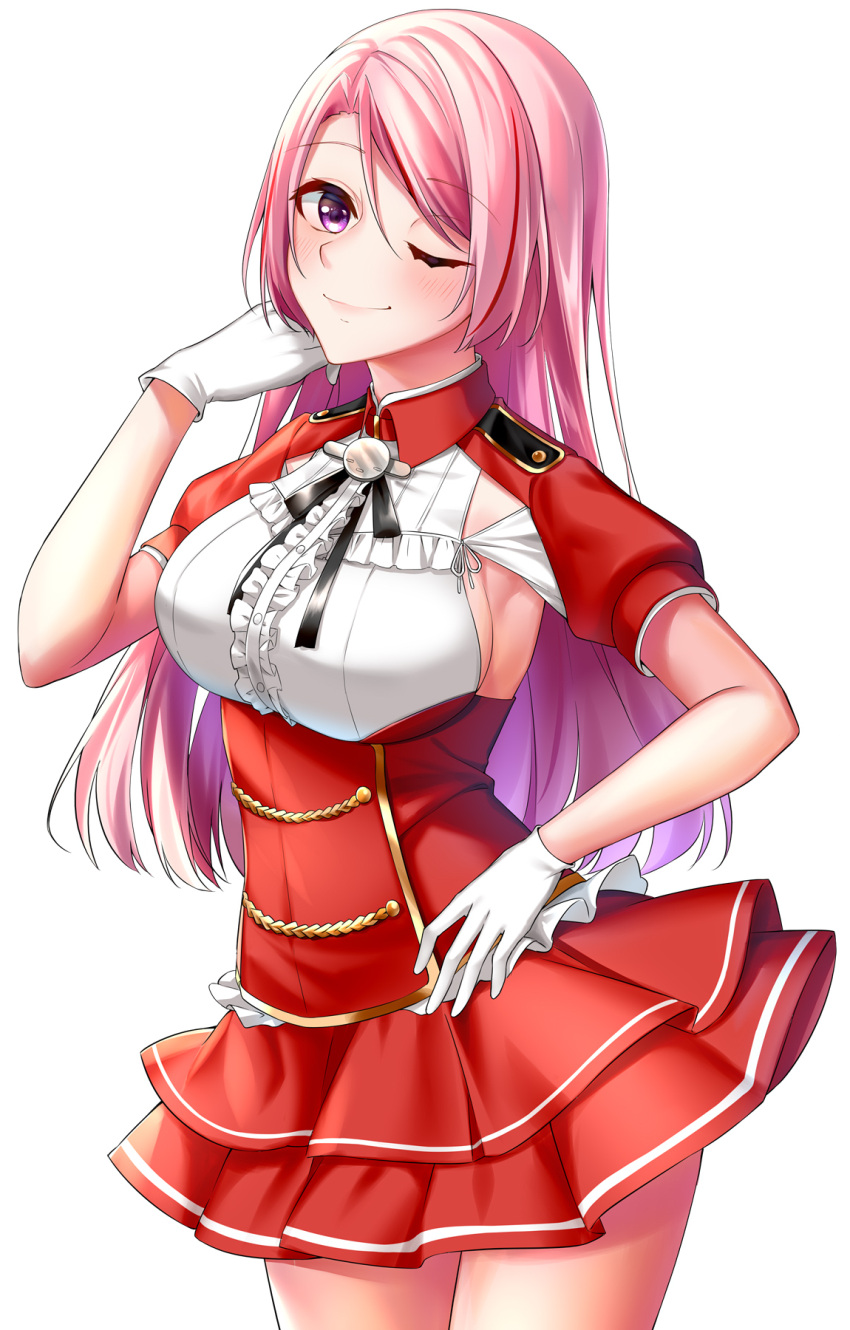 1girl armpit_cutout cowboy_shot gloves highres kantai_collection layered_skirt long_hair luigi_di_savoia_duca_degli_abruzzi_(kantai_collection) one_eye_closed pink_eyes pink_hair pleated_skirt red_skirt rukinya_(nyanko_mogumogu) short_sleeves simple_background skirt smile solo white_background white_gloves