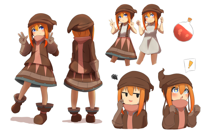 ! &gt;:) +_+ 1girl absurdres bangs bare_arms bare_shoulders beanie blush boots brown_footwear brown_gloves brown_headwear brown_shirt brown_skirt clenched_hands closed_mouth commentary_request cropped_legs cropped_torso double_w dress elbow_gloves eyebrows_visible_through_hair fang gloves grey_dress hair_between_eyes hands_up hat highres idaten93 long_hair long_sleeves multiple_views nina_alright orange_hair original parted_lips round-bottom_flask shadow shirt sidelocks simple_background skirt sleeveless sleeveless_dress smile spoken_exclamation_mark squiggle standing standing_on_one_leg suspender_skirt suspenders sweat v-shaped_eyebrows w wavy_mouth white_background