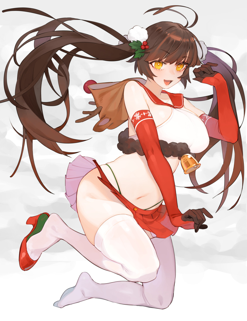 1girl absurdres alternate_costume antenna_hair bangs bell breasts brown_hair elbow_gloves eyebrows_visible_through_hair full_body girls_frontline gloves hair_ornament high_heels highres juz large_breasts long_hair looking_at_viewer m14_(girls_frontline) miniskirt navel open_mouth red_footwear red_gloves red_skirt sailor_collar shoes single_shoe skindentation skirt solo thigh-highs twintails white_legwear yellow_eyes