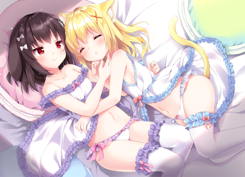 2girls :&lt; animal_ear_fluff animal_ears babydoll bare_arms bare_shoulders bed_sheet black_hair blonde_hair blush bow bow_panties breasts cat_ears cat_girl cat_tail closed_eyes closed_mouth commentary_request dog_ears frilled_legwear frilled_panties frills hair_bow hair_ornament irori long_hair lying mole mole_under_eye multiple_girls navel on_back on_side original panties red_eyes small_breasts smile tail thigh-highs underwear underwear_only white_babydoll white_bow white_legwear white_panties x_hair_ornament