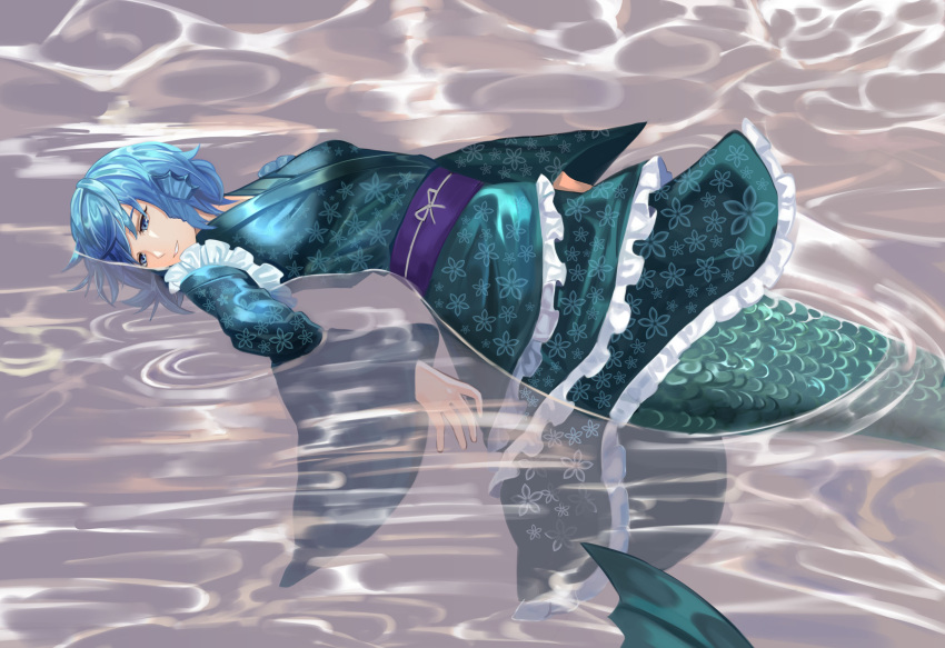 1girl absurdres animal_ears blue_eyes blue_hair depressed dress frills full_body head_fins highres japanese_clothes kimono lonely long_sleeves lying mermaid monster_girl obi on_back reki_(user_rcrd4534) sash smile touhou wakasagihime water wide_sleeves