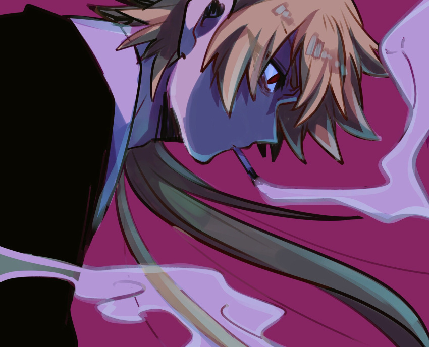 1boy blonde_hair cigarette closed_mouth eyebrows_visible_through_hair fifteen_(katana_zero) formal from_side highres katana_zero long_hair mako_gai messy_hair ponytail purple_background red_eyes shirt simple_background smoke smoking solo suit very_long_hair