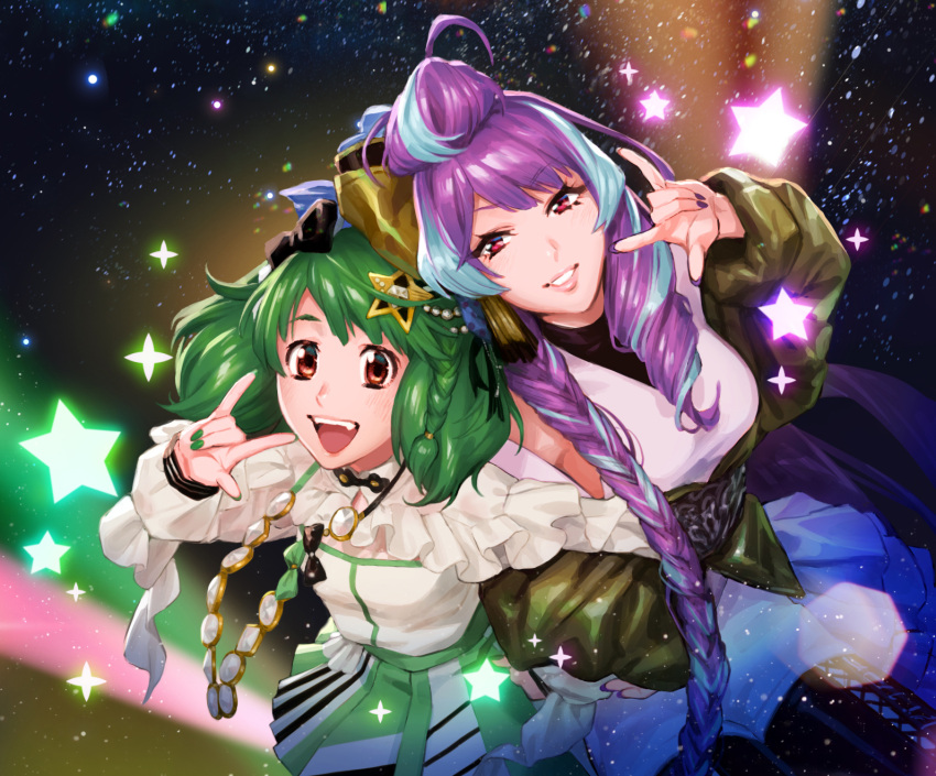 2girls :d black_footwear blue_hair boots braid coat green_coat green_hair green_nails grin highres long_hair looking_at_viewer macross macross_delta macross_frontier medium_hair mikumo_guynemer mosako multicolored_hair multiple_girls nail_polish open_clothes open_coat open_mouth pants purple_hair purple_nails ranka_lee red_eyes shiny shiny_hair shirt sky sleeveless sleeveless_shirt smile standing star_(sky) starry_sky thigh-highs thigh_boots tied_hair two-tone_hair very_long_hair white_pants white_shirt