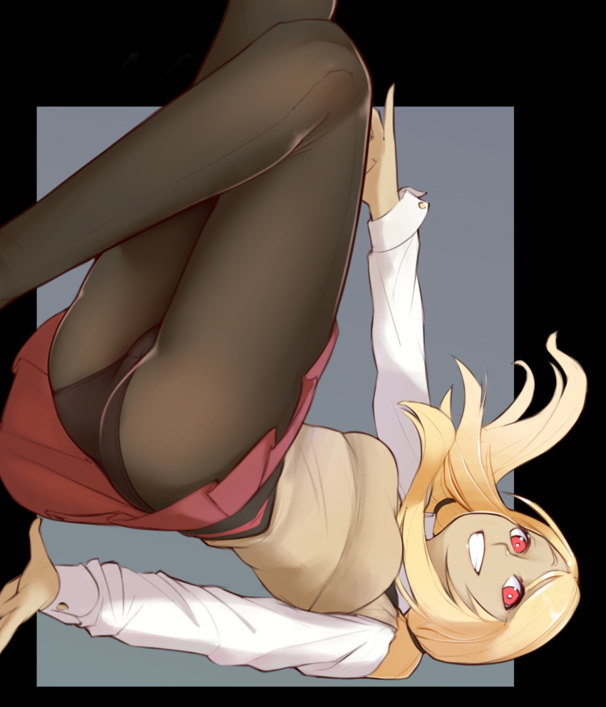 1girl absurdres black_background black_border black_legwear blonde_hair blue_background border breasts brown_vest dark_skin feet_out_of_frame forehead from_below from_side gravity_daze highres kitten_(gravity_daze) knees_together_feet_apart legs long_hair long_sleeves looking_at_viewer lying medium_breasts nickleflick on_back open_mouth pantyhose pleated_skirt red_eyes red_skirt school_uniform shirt short_over_long_sleeves short_sleeves sidelocks simple_background skirt sleeve_cuffs smile solo teeth upskirt vest white_shirt