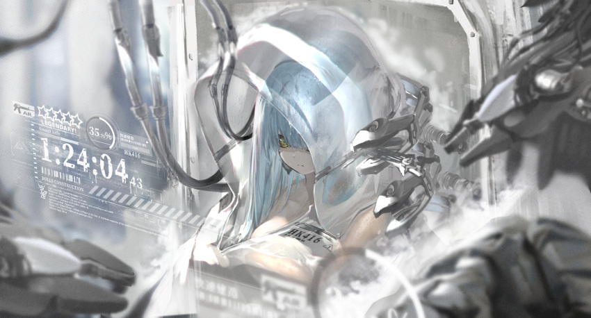 1girl absurdres aizawa_masaya android assembling blue_hair cable english_text girls_frontline green_eyes highres hk416_(girls_frontline) hood huge_filesize machine machinery solo time
