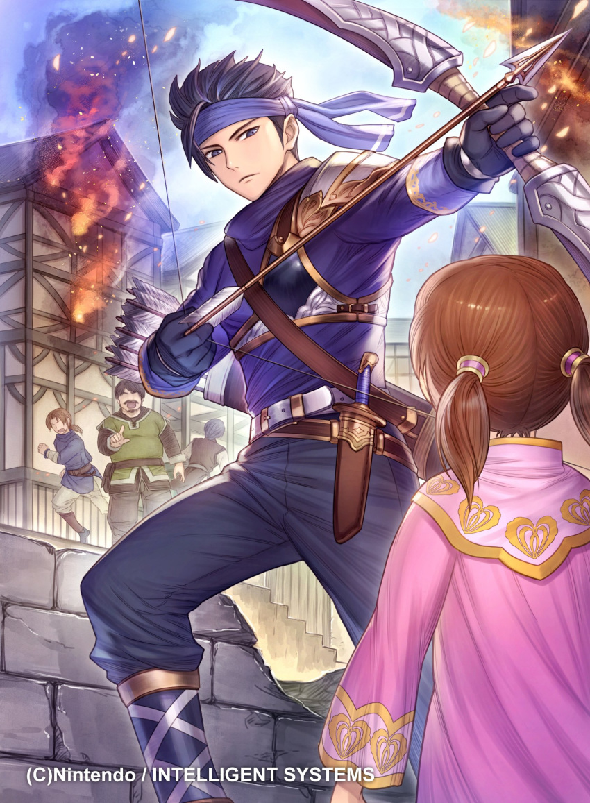 1boy arrow asaello_(fire_emblem) black_hair bow_(weapon) brown_hair child faceless faceless_female faceless_male facial_hair fire fire_emblem fire_emblem:_genealogy_of_the_holy_war fire_emblem_cipher gloves headband highres kh_kyo_hibiki mustache open_mouth solo twintails violet_eyes weapon