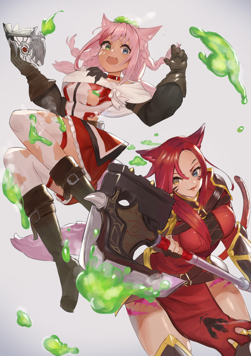 2girls :d absurdres animal_ears axe bangs black_legwear blue_eyes book braid breasts brown_footwear brown_gloves brown_hair capelet cat_ears cat_tail choker commission crying crying_with_eyes_open dissolving_clothes fantasy gloves green_eyes grey_background heterochromia highres holding holding_axe long_hair medium_breasts moco1031 multiple_girls ooze open_mouth original pink_hair red_choker scar simple_background smile tabard tail tears thigh-highs whisker_markings white_capelet white_legwear yellow_eyes