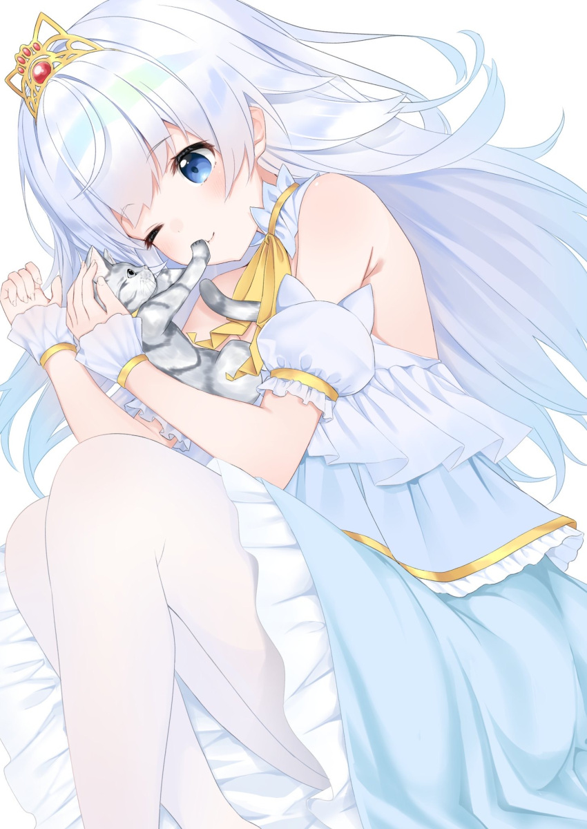 1girl ;t animal bare_shoulders blue_dress blue_eyes blush cat closed_mouth detached_sleeves dress eyebrows_visible_through_hair feet_out_of_frame frilled_dress frills grey_cat hashiko_nowoto highres layered_dress long_hair lying neck_ribbon on_side original pantyhose puffy_short_sleeves puffy_sleeves ribbon short_sleeves silver_hair smile solo tiara very_long_hair white_hair white_legwear wrist_cuffs yellow_neckwear yellow_ribbon