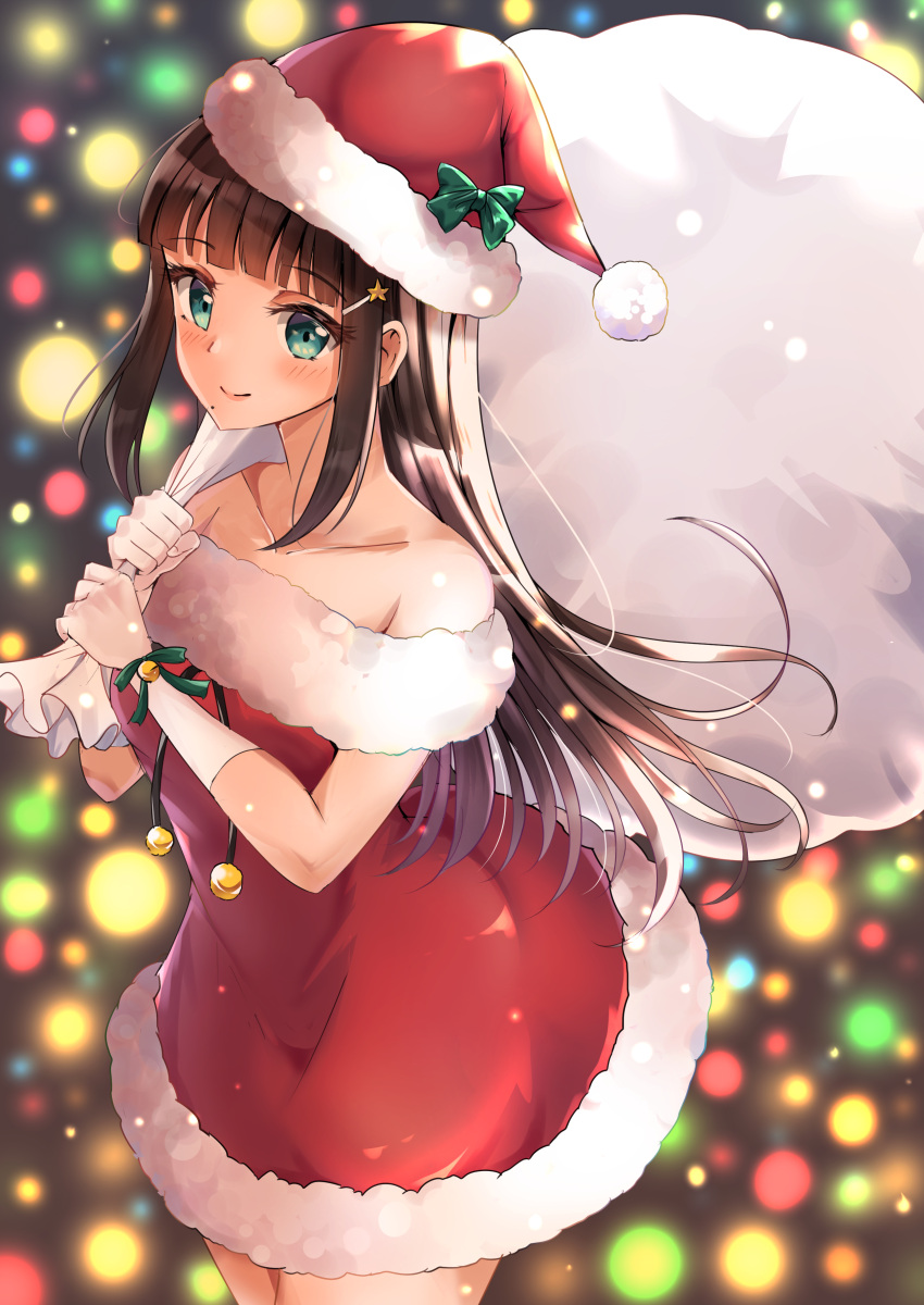 1girl absurdres bag bangs bare_shoulders bell black_hair blunt_bangs blurry blurry_background blush bow christmas christmas_lights collarbone dress gift_bag gloves green_bow green_eyes hair_ornament hairclip hat highres kurosawa_dia long_hair looking_at_viewer love_live! love_live!_sunshine!! mole mole_under_mouth off_shoulder red_dress santa_costume santa_hat sin_(sin52y) smile snow solo white_gloves