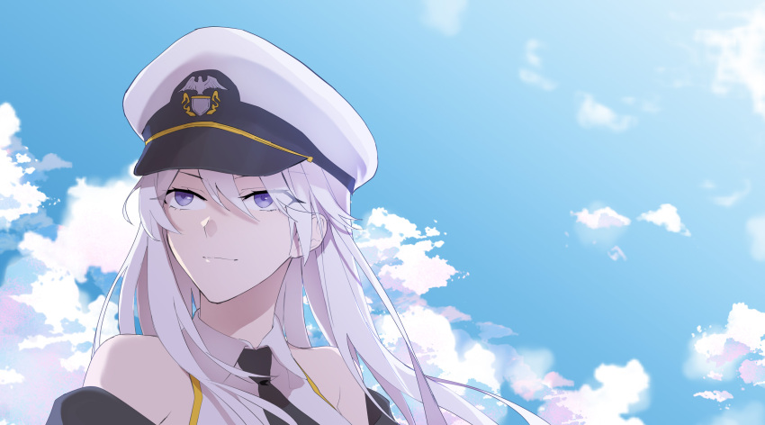 azur_lane black_coat black_neckwear blue_sky clouds coat enterprise_(azur_lane) grey_hair hat highres military_hat open_clothes open_coat peaked_cap shirt sky sleeveless sleeveless_shirt smile suprii upper_body violet_eyes