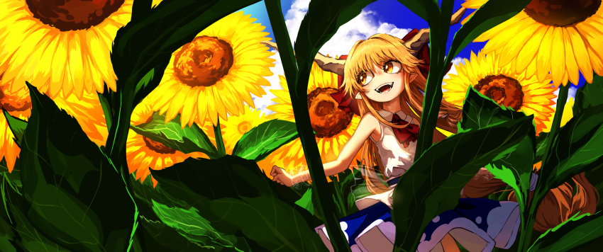 1girl blue_skirt blue_sky bow brown_hair clenched_hand clouds commentary_request day fangs flower hair_bow highres horns ibuki_suika lithiumrider long_hair looking_to_the_side open_mouth outdoors outstretched_arms pointy_ears red_bow red_neckwear shirt skirt sky sleeveless sleeveless_shirt smile solo sunflower touhou very_long_hair white_shirt wrist_wrap yellow_eyes