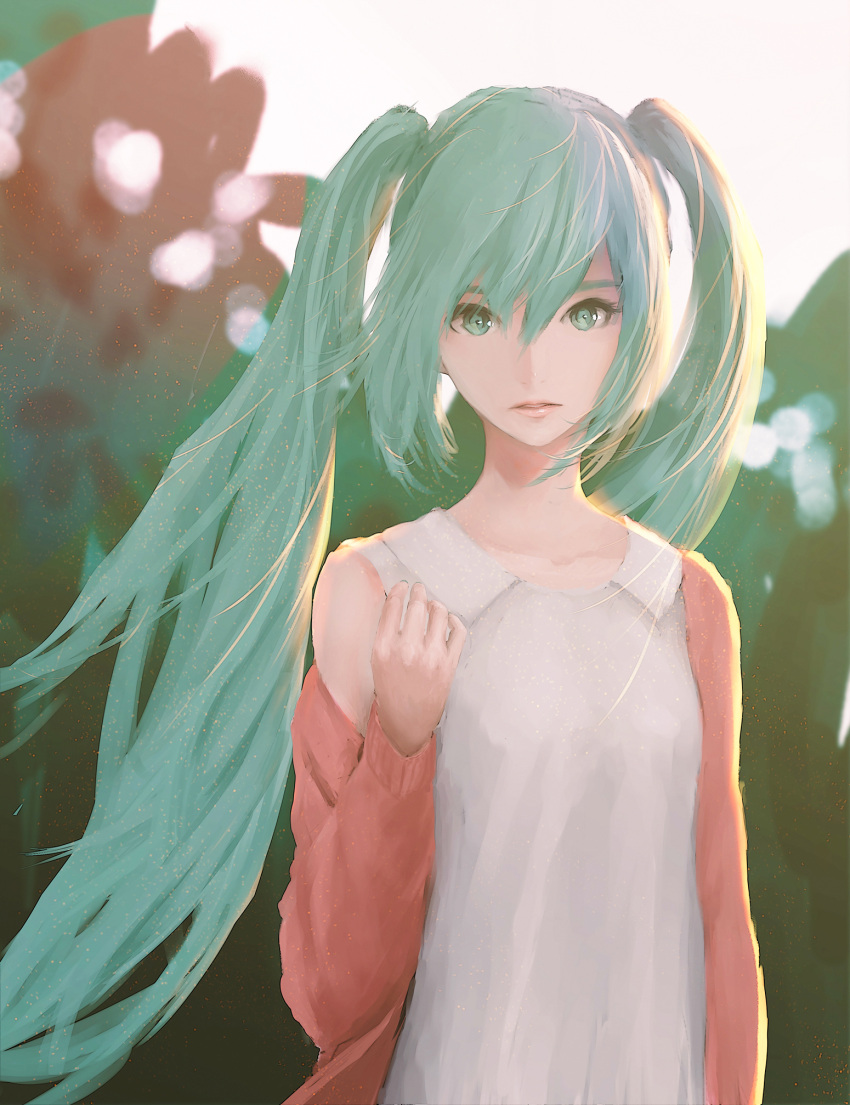 1girl aqua_eyes aqua_hair aqua_nails blurry blurry_background bokeh breasts collarbone commentary depth_of_field english_commentary expressionless hand_up hatsune_miku highres jacket lips long_hair looking_at_viewer nail_polish off-shoulder_jacket ojay_tkym outdoors parted_lips pink_jacket shirt sidelighting sleeveless sleeveless_shirt small_breasts solo standing twintails very_long_hair vocaloid white_shirt