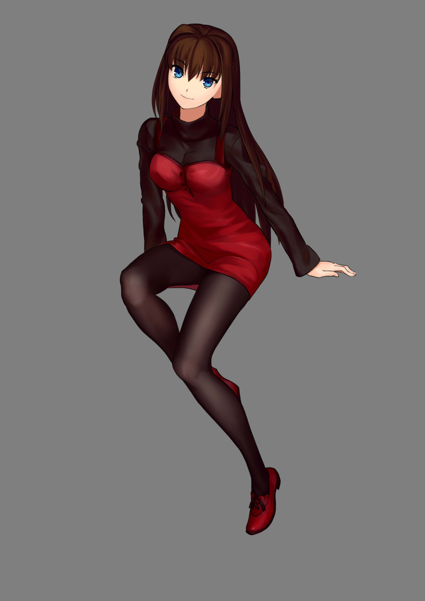 1girl absurdres aozaki_aoko arm_support black_legwear black_sweater blue_eyes brown_hair cqqz0707 dress grey_background highres invisible_chair long_hair looking_at_viewer mahou_tsukai_no_yoru pantyhose red_dress red_footwear sitting smile solo sweater