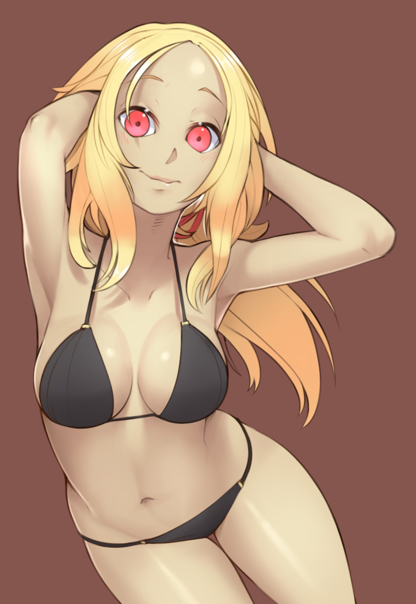 1girl absurdres armpits arms_up bikini black_bikini blonde_hair breasts brown_background closed_mouth collarbone dark_skin english_commentary forehead gravity_daze hands_on_own_head highres kitten_(gravity_daze) long_hair looking_at_viewer medium_breasts navel nickleflick red_eyes shiny shiny_hair shiny_skin sidelocks simple_background solo string_bikini swimsuit